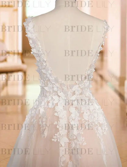 Deep V Neck A Line Sleeveless Wedding Dress Tulle Lace Applique Bridal Gowns With Train