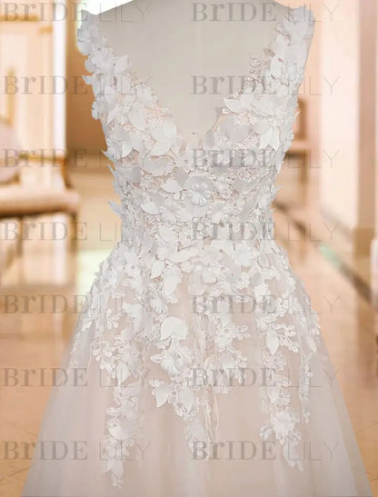 Deep V Neck A Line Sleeveless Wedding Dress Tulle Lace Applique Bridal Gowns With Train