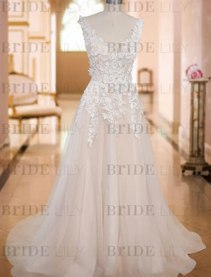 Deep V Neck A Line Sleeveless Wedding Dress Tulle Lace Applique Bridal Gowns With Train
