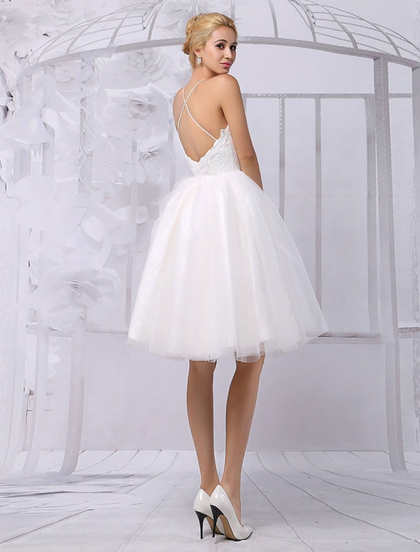 Tulle Knee-Length Spaghtti A-Line Wedding Dress With Long-Sleeves Lace Wrap Exclusive