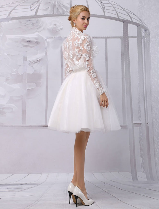 Tulle Knee-Length Spaghtti A-Line Wedding Dress With Long-Sleeves Lace Wrap Exclusive