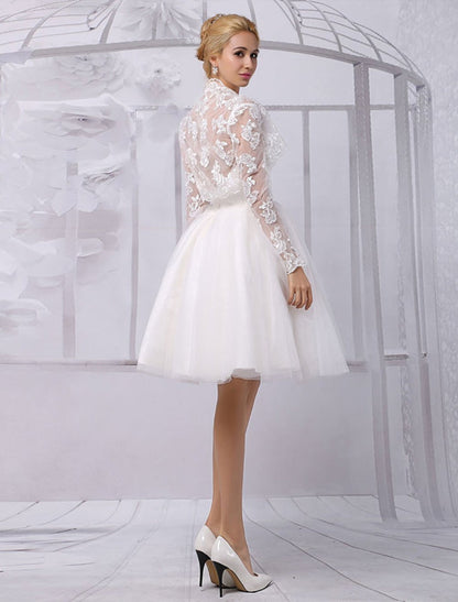 Tulle Knee-Length Spaghtti A-Line Wedding Dress With Long-Sleeves Lace Wrap Exclusive