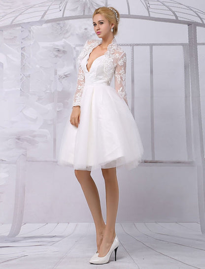 Tulle Knee-Length Spaghtti A-Line Wedding Dress With Long-Sleeves Lace Wrap Exclusive