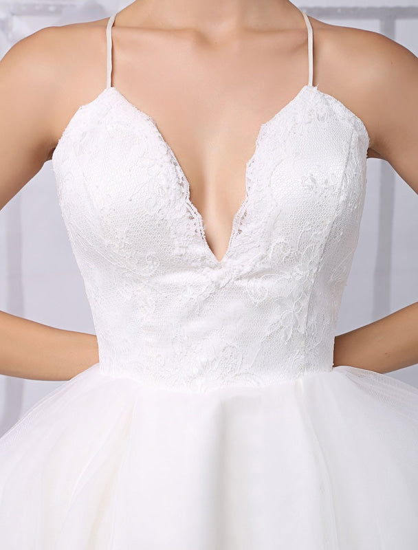 Tulle Knee-Length Spaghtti A-Line Wedding Dress With Long-Sleeves Lace Wrap Exclusive