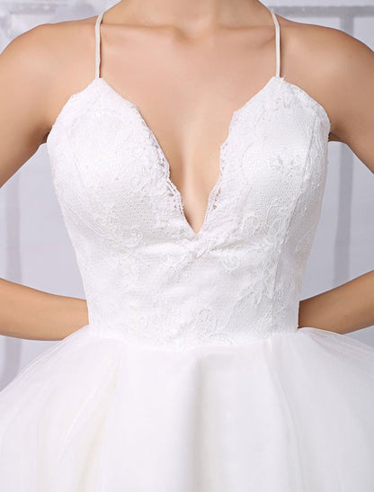 Tulle Knee-Length Spaghtti A-Line Wedding Dress With Long-Sleeves Lace Wrap Exclusive