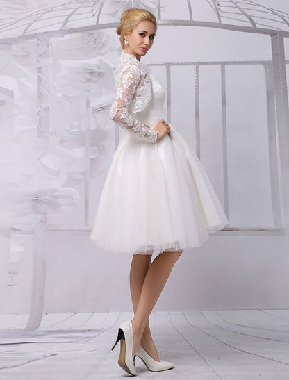 Tulle Knee-Length Spaghtti A-Line Wedding Dress With Long-Sleeves Lace Wrap Exclusive