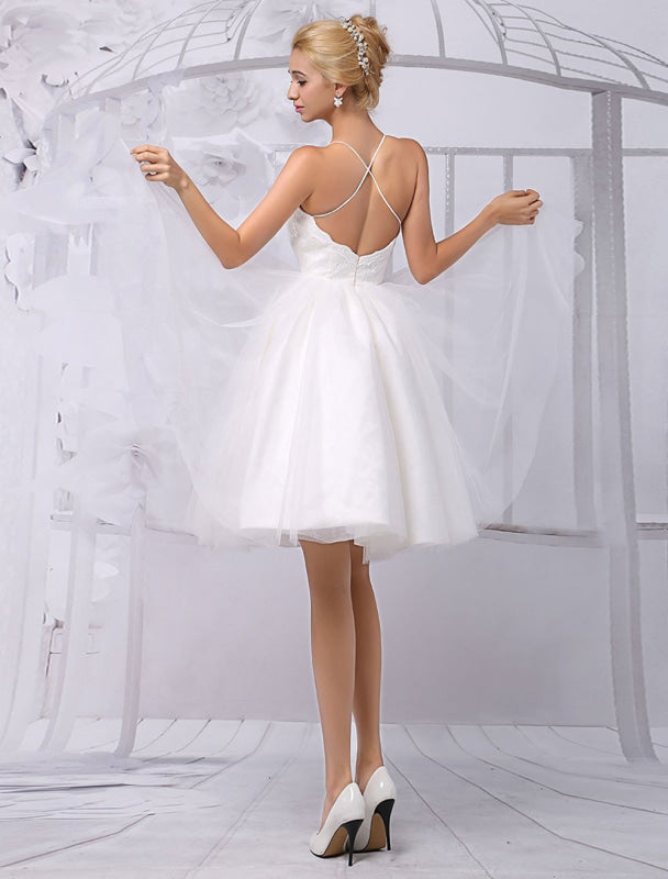 Tulle Knee-Length Spaghtti A-Line Wedding Dress With Long-Sleeves Lace Wrap Exclusive
