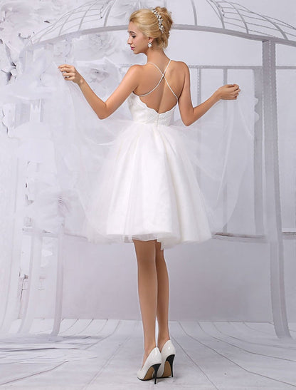 Tulle Knee-Length Spaghtti A-Line Wedding Dress With Long-Sleeves Lace Wrap Exclusive