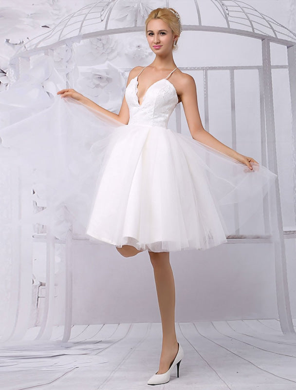 Tulle Knee-Length Spaghtti A-Line Wedding Dress With Long-Sleeves Lace Wrap Exclusive