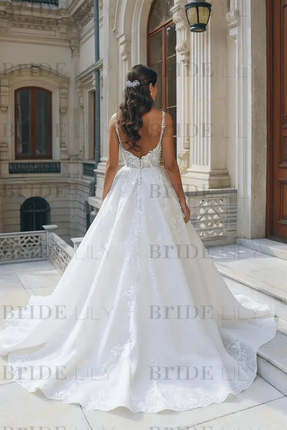 Tulle Lace Aline Wedding Dress Square neck Front Split Bridal Dress