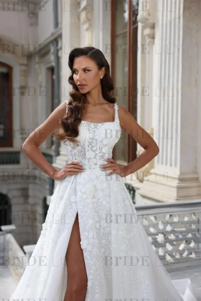 Tulle Lace Aline Wedding Dress Square neck Front Split Bridal Dress