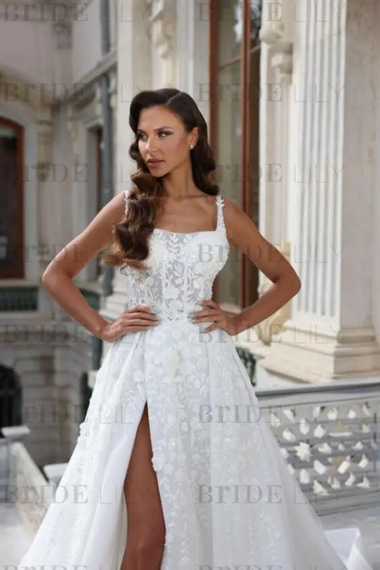 Tulle Lace Aline Wedding Dress Square neck Front Split Bridal Dress