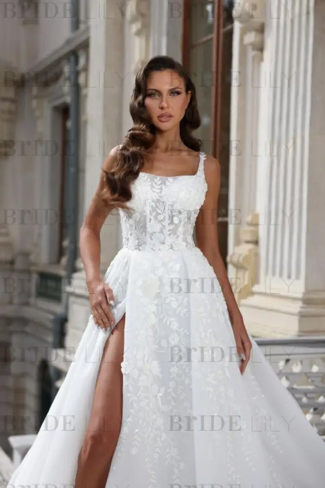 Tulle Lace Aline Wedding Dress Square neck Front Split Bridal Dress