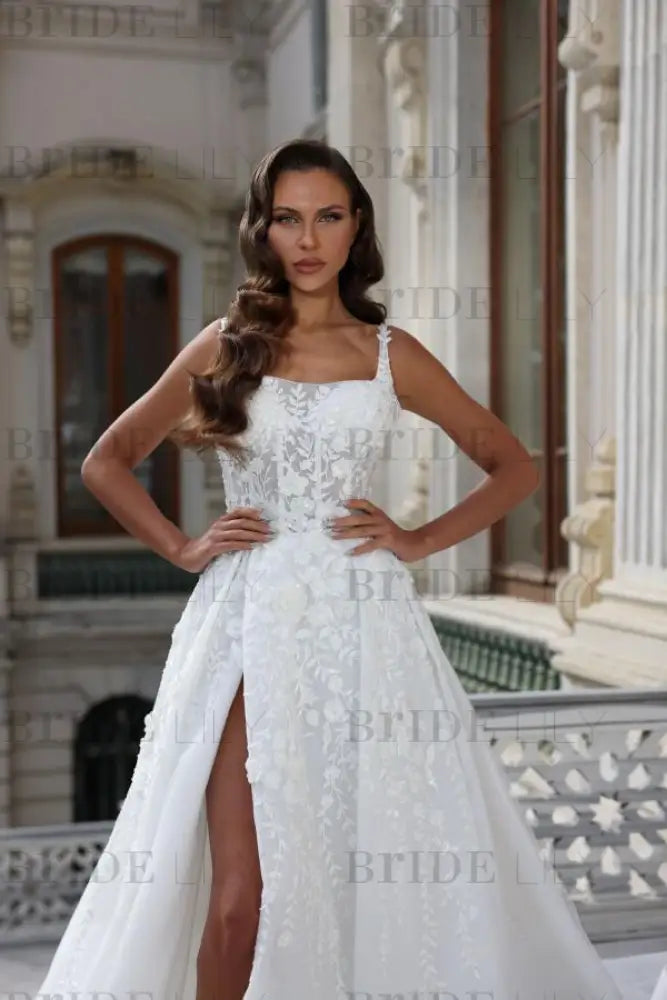 Tulle Lace Aline Wedding Dress Square neck Front Split Bridal Dress