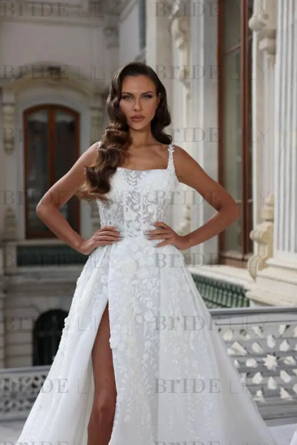 Tulle Lace Aline Wedding Dress Square neck Front Split Bridal Dress