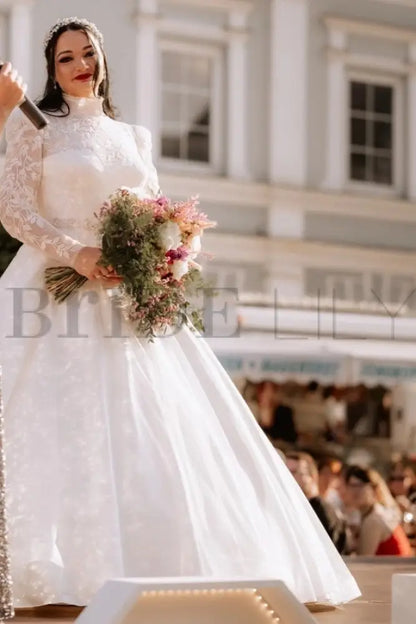 Tulle Plus Size Wedding Dress High Neck Lace Aline Bridal Dress Long Sleeves