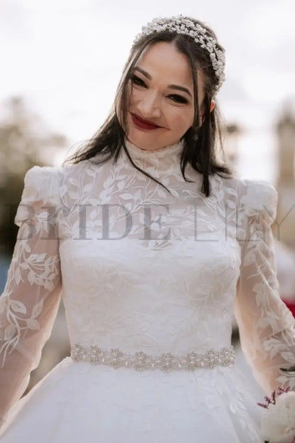 Tulle Plus Size Wedding Dress High Neck Lace Aline Bridal Dress Long Sleeves