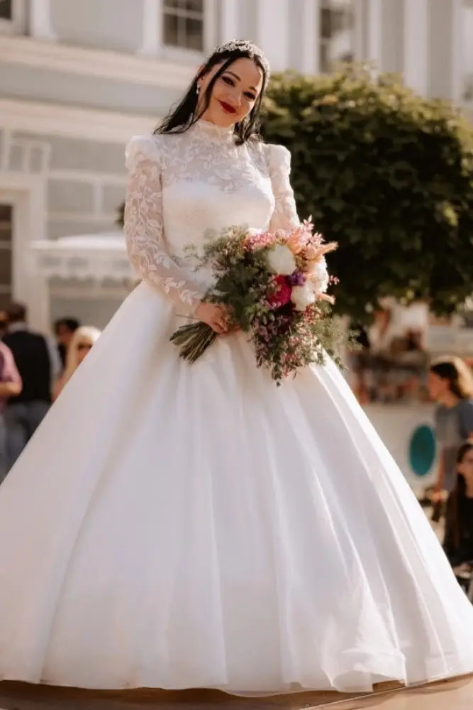 Tulle Plus Size Wedding Dress High Neck Lace Aline Bridal Dress Long Sleeves