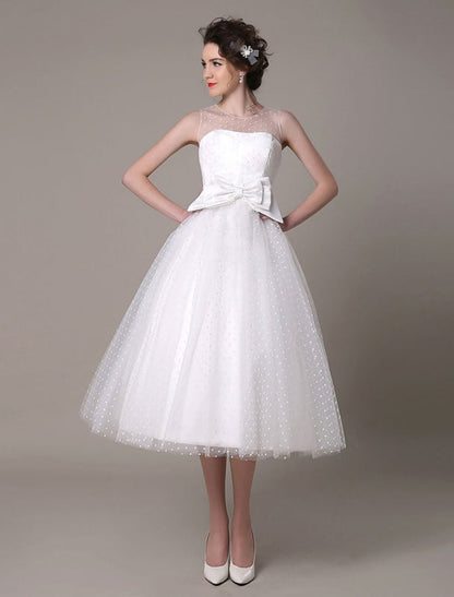 Tulle Wedding Dress Strapless A-Line Tea Length Bridal Dress With Bowknot