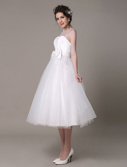 Tulle Wedding Dress Strapless A-Line Tea Length Bridal Dress With Bowknot