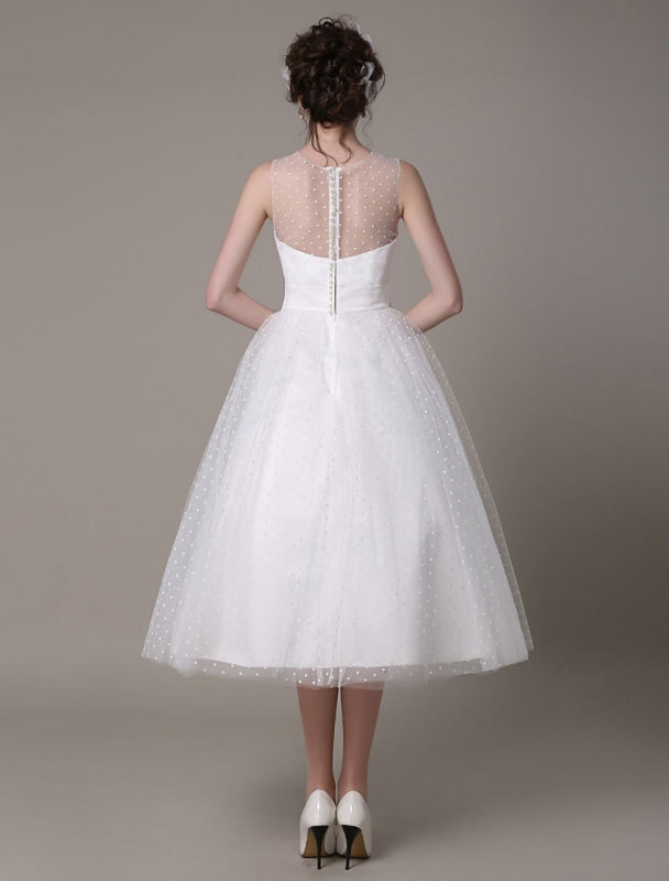 Tulle Wedding Dress Strapless A-Line Tea Length Bridal Dress With Bowknot