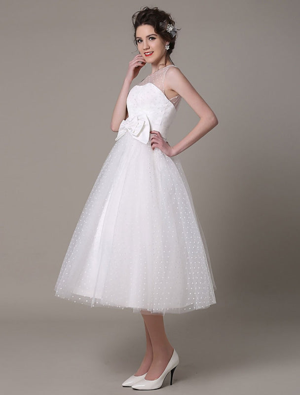 Tulle Wedding Dress Strapless A-Line Tea Length Bridal Dress With Bowknot