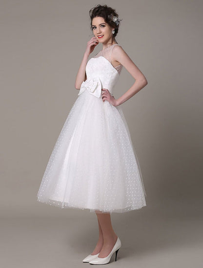 Tulle Wedding Dress Strapless A-Line Tea Length Bridal Dress With Bowknot