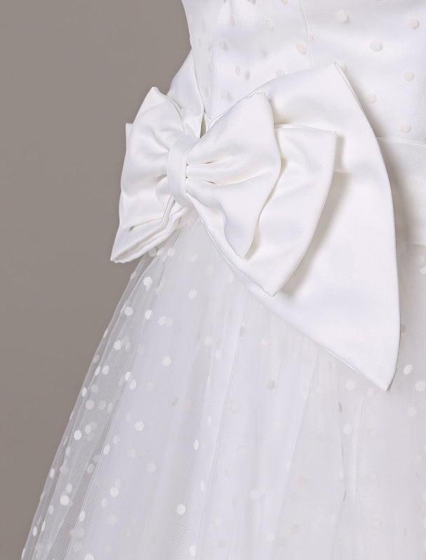 Tulle Wedding Dress Strapless A-Line Tea Length Bridal Dress With Bowknot
