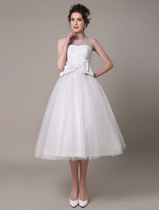 Tulle Wedding Dress Strapless A-Line Tea Length Bridal Dress With Bowknot