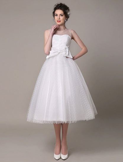 Tulle Wedding Dress Strapless A-Line Tea Length Bridal Dress With Bowknot