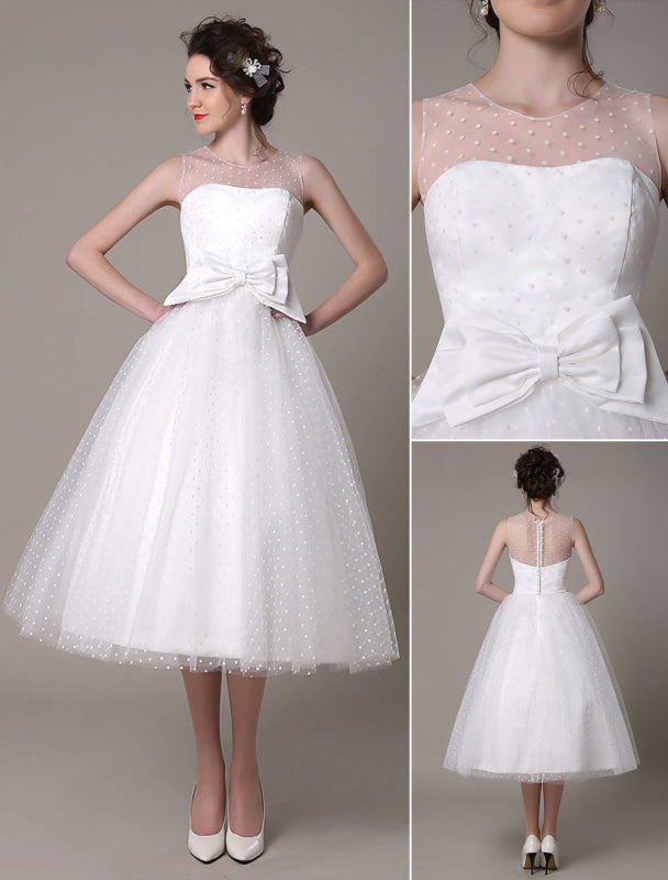 Tulle Wedding Dress Strapless A-Line Tea Length Bridal Dress With Bowknot