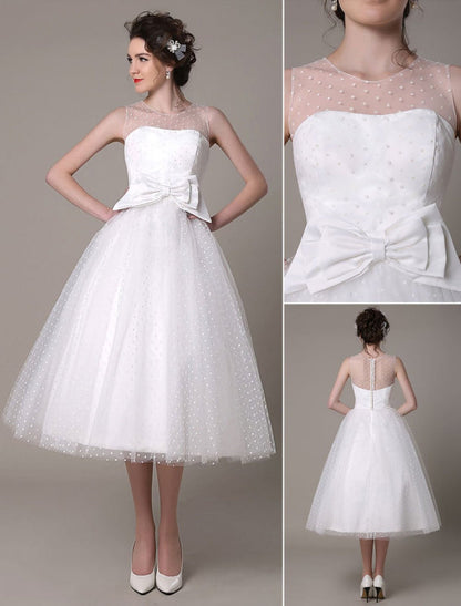 Tulle Wedding Dress Strapless A-Line Tea Length Bridal Dress With Bowknot