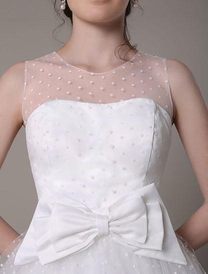 Tulle Wedding Dress Strapless A-Line Tea Length Bridal Dress With Bowknot