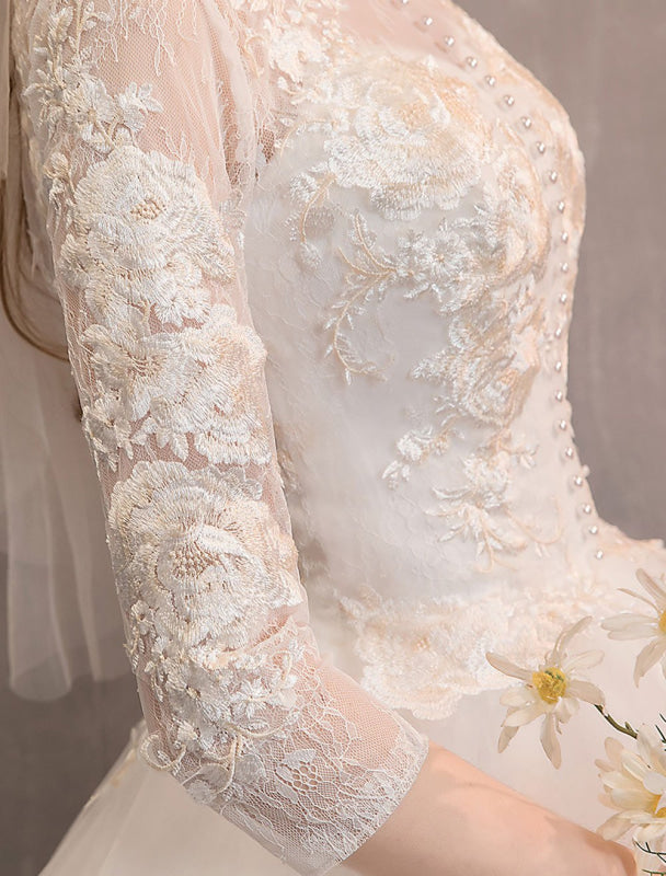 Tulle Wedding Dresses Ivory Illusion Neckline Half Sleeve Floor Length Princess Bridal Dress
