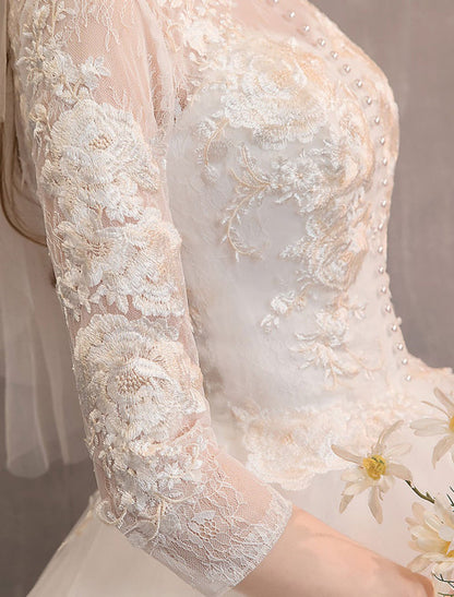 Tulle Wedding Dresses Ivory Illusion Neckline Half Sleeve Floor Length Princess Bridal Dress