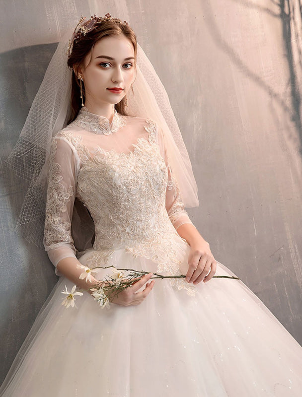 Tulle Wedding Dresses Princess Bridal Gown Illusion Collar Half Sleeve Floor Length Bridal Dress
