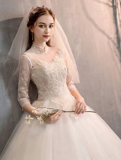 Tulle Wedding Dresses Princess Bridal Gown Illusion Collar Half Sleeve Floor Length Bridal Dress