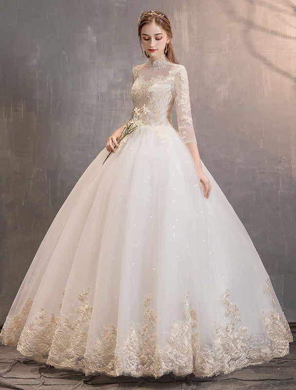 Tulle Wedding Dresses Princess Bridal Gown Illusion Collar Half Sleeve Floor Length Bridal Dress