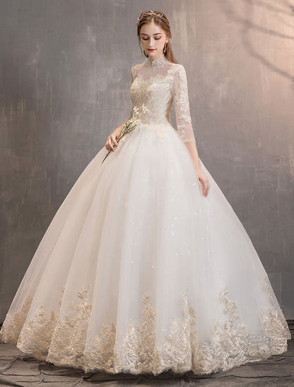 Tulle Wedding Dresses Princess Bridal Gown Illusion Collar Half Sleeve Floor Length Bridal Dress