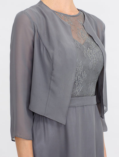Aimishang A-Line Mother of the Bride Dress Fall Wedding Guest Dresses Plus Size Elegant Illusion Neck Tea Length Chiffon Corded Lace Sleeveless Wrap Included with Lace Pleats