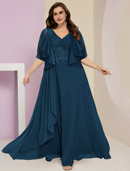 Aimishang  Two Piece A-Line Mother of the Bride Dress Formal Wedding Guest Plus Size Hide Belly Elegant V Neck Floor Length Chiffon Lace Sleeveless with Ruched Appliques