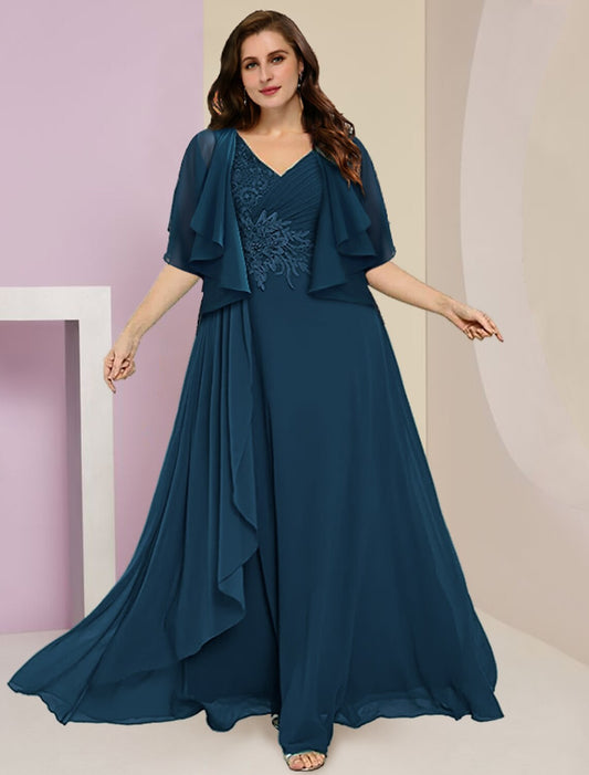 Aimishang  Two Piece A-Line Mother of the Bride Dress Formal Wedding Guest Plus Size Hide Belly Elegant V Neck Floor Length Chiffon Lace Sleeveless with Ruched Appliques