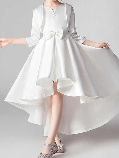 Two Piece Asymmetrical Polyester 3/4 Length Sleeve Jewel Neck With Bow(S) & Pleats