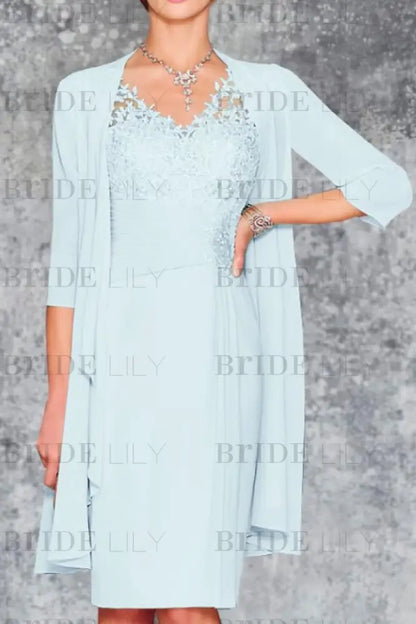 Two Piece Ruffle Chiffon Mother of the Bride Outfit Lace Short Wedding Guest Dress