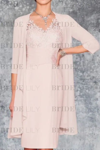 Two Piece Ruffle Chiffon Mother of the Bride Outfit Lace Short Wedding Guest Dress
