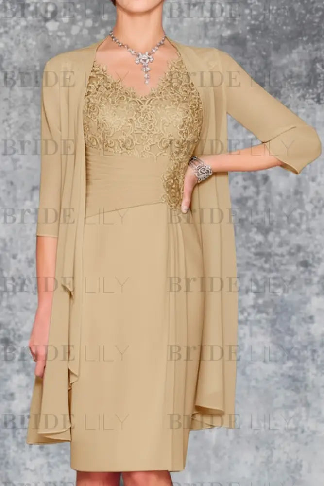 Two Piece Ruffle Chiffon Mother of the Bride Outfit Lace Short Wedding Guest Dress