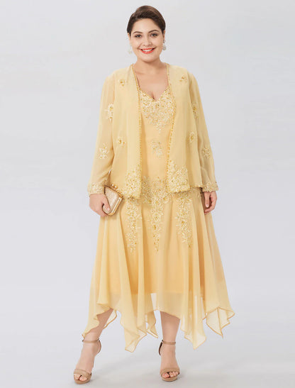 Aimishang A-Line Mother of the Bride Dress Formal Plus Size Elegant High Low V Neck Asymmetrical Chiffon Beaded Lace Long Sleeve Wrap Included with Beading Appliques
