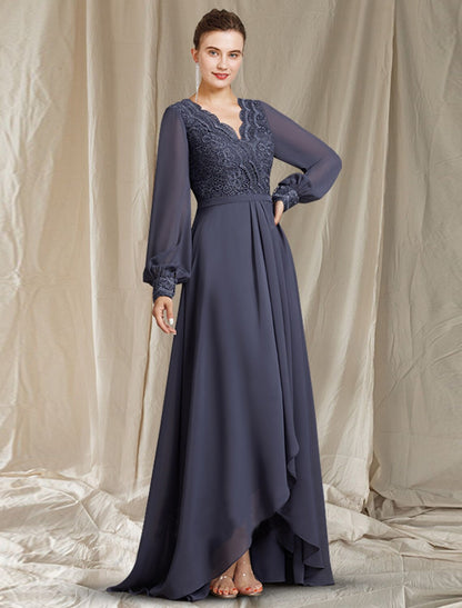 Aimishang A-Line Mother of the Bride Dress Elegant High Low V Neck Sweep / Brush Train Asymmetrical Tea Length Chiffon Lace Long Sleeve with Pleats Appliques