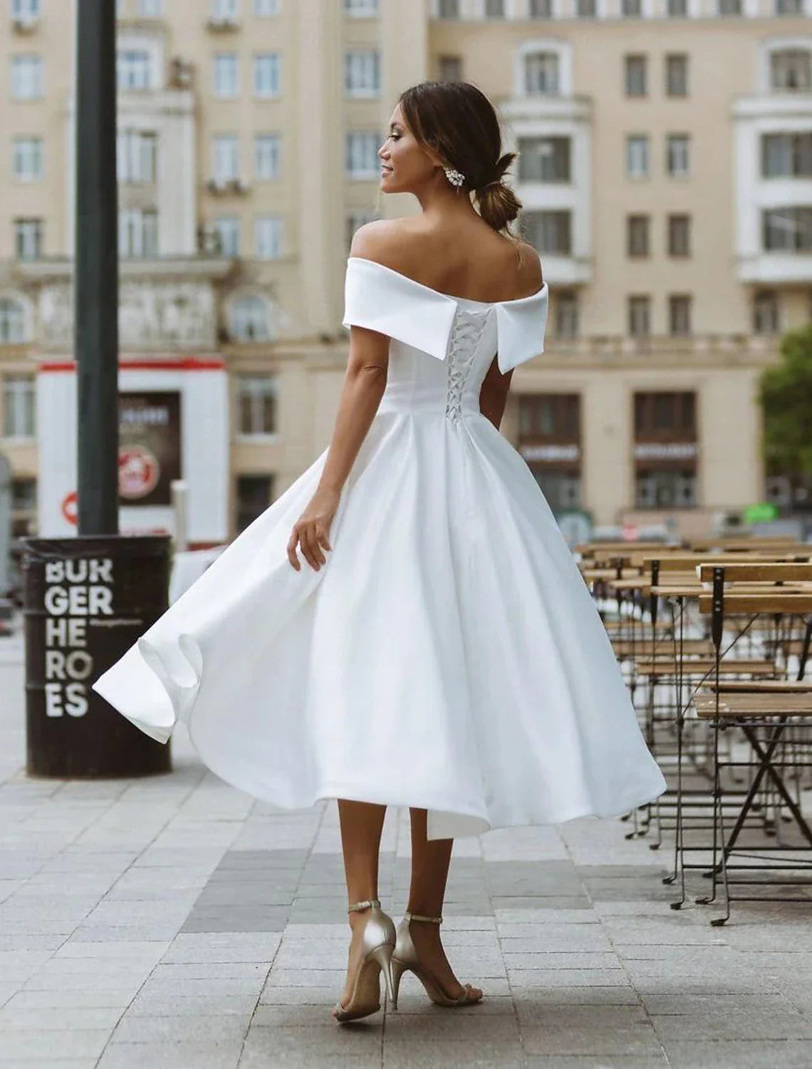Aimishang Simple Wedding Dresses Satin Little White Dresses A-Line Off Shoulder Formal Short Sleeve Tea Length Bridal Gowns With Solid Color