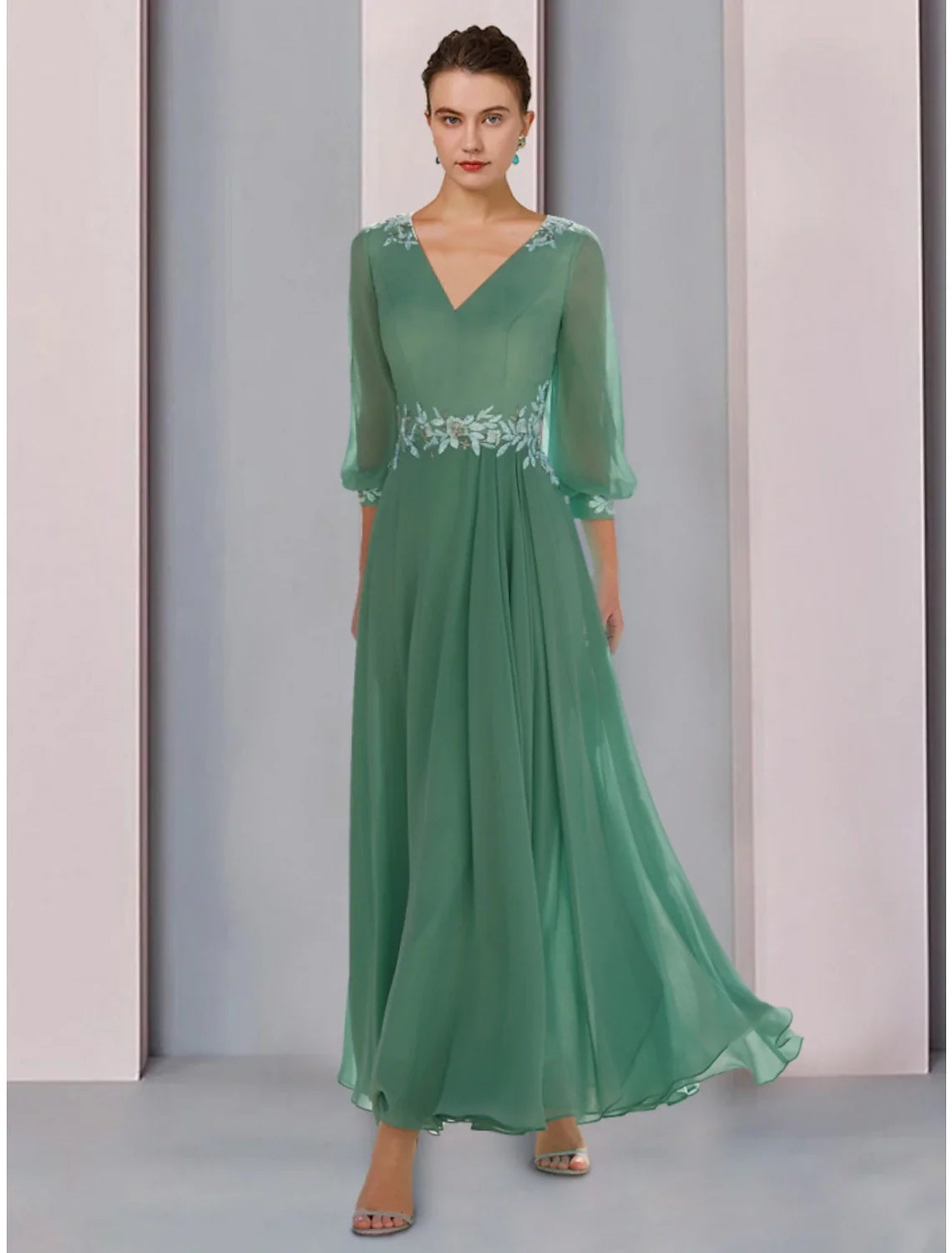 Aimishang A-Line Mother of the Bride Dress Wedding Guest Elegant V Neck Ankle Length Chiffon Lace 3/4 Length Sleeve with Ruching Solid Color